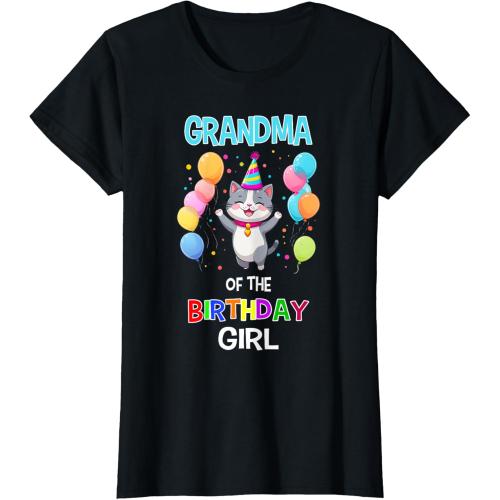 Medium Grandma of Birthday Girl Cat Lover Grandmother Cat Birthday T-Shirt