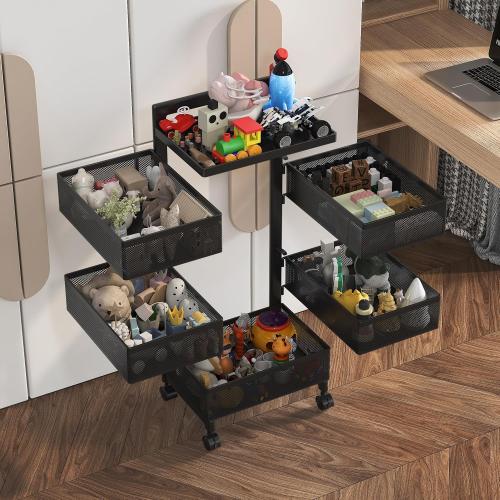 Rolling Rotating Storage Cart No Assembly Required，Bathroom Shelf Fruit and Vegetable Basket for Kitchen,Storage Drawer Organizer Cart ，Metal Utility cart on Wheels(Black, 5 Tier-Square)