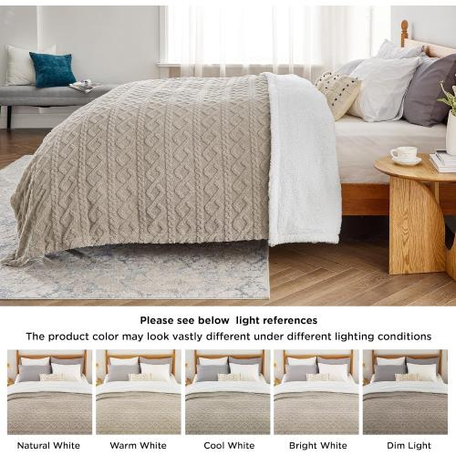 Bedsure Sherpa Fleece Throw Blanket for Couch - Soft Fluffy & Cozy Cable Jacquard Tufted Throw Blankets for Women Gift, Thick Warm Blanket for Winter and All Seasons, Beige, Large