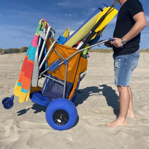 Beach Cart with Big Balloon Wheels for Sand, Foldable Storage Wagon with 13 Inch Beach Tires (Pump Included) (Orange)