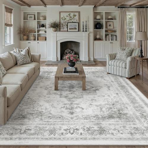 PureCozy Washable Rug 9x12 Area Rug for Living Room Gray Vintage Boho Medallion Large Grey Distressed Retro Carpet Non Slip Indoor Low Pile Small Soft Bedroom Dining Room Home Office