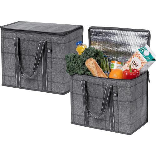 VENO 2 Pack Cooler Bag and Insulated Grocery Bags for Food Delivery, Collapsible Cooler. Reusable Shopping Bags for Groceries with Hard Bottom, Zippered, Foldable, Heavy-Duty (Windowpane, 2 Pack)