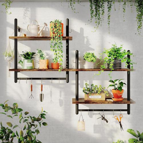 Bestier 24 Floating Kitchen Shelves Wall Mounted 2 Tier Coffee bar Shelves with 8 Hooks, Industrial Wall Shelf for Kitchen, Living Room Bedroom, Rustic Brown