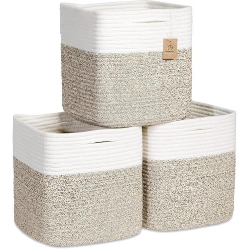 NaturalCozy Storage Cubes 11 Inch Cotton Rope Woven Baskets for Organizing, 3-Pack | Cube Bin Square Shelves Organizer, Classroom, Kids Toy Bins, Closet, Baby Nursery