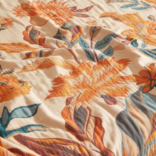Size 90x98 Color Orange Boho Throw Blanket for Bed 90”x98”, 100% Cotton Woven Blanket for Couch Sofa, Ultra Soft 4-Layer Muslin Quilt with Floral Printed, Farmhouse Bed Blanket/Cover for Living Room Decor