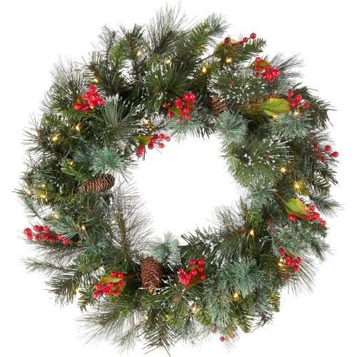 Size 32 white and green National Tree Company Pre-Lit Artificial Christmas Wreath, Green, Wintry Pine, White Lights, Decorated with Pine Cones, Berry Clusters, Frosted Branches, Christmas Collection,
