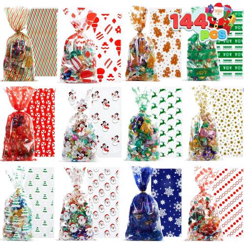 JOYIN 144 PCS Christmas Cellophane Bags with Ribbon for Holiday Treats, Christmas Clear Cello Gift Candy Cookie Bags for Party Favors, Festivals Presents, Party Supplies (11” X 5”)