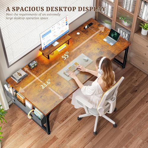 55 x 24 inch Desk with Power Outlets, Computer Desk with Monitor Stand & Light & Storage Bag, 0.95 Inch Thicker Desktop of Office Desk, Writing Desk for Home Office, Study, Bedroom, Brown