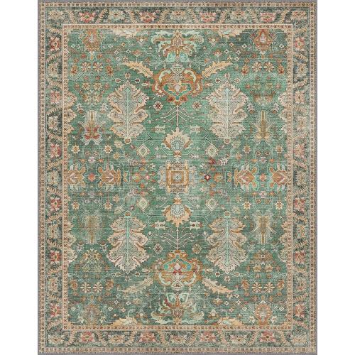 Bavni Washable Area Rugs 8x10 Green Boho Rug Tumble Vintage Large Carpet for Living Room Bedroom Dining Room, Non Slip Thin Low Pile Chenille, Dark Sage/Gold