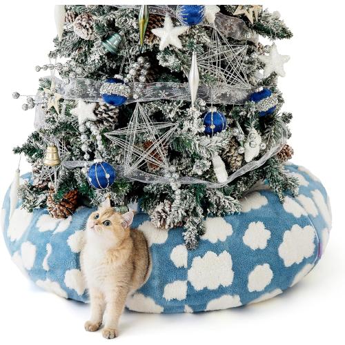 Lesure Cat Tunnel Bed for Indoor Cats - Cute Cat Donut Tunnel Toys for Small Large Cats with Washable Circle Cushion, Round Pet Peekaboo Cave Toy for Kitten/Puppy/Rabbit, Standard Cozy Clouds Blue