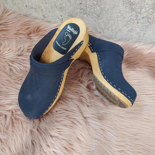 Size 46 Black Vollsjo Women's Genuine Leather Wooden Clogs Made in EU