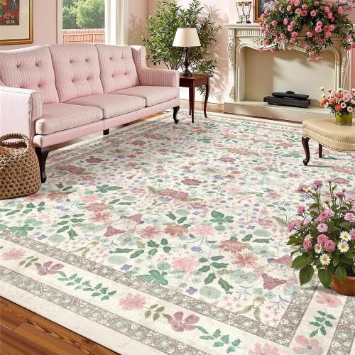 Deerly Floral Washable Rugs 8x10 Large Vintage Living Room Carpet Boho Non-Slip Soft Low Pile Thin Bedroom Floor Mat Indoor for Dining Room Playroom Nursery Farmhouse, Beige/Light Pink/Multi