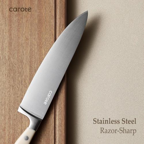 CAROTE 14 Pieces Knife Set with Block, Forged, High Carbon Stainless Steel Sharp Blade Block Knife Set, Dishwasher Safe Cutlery, Cream