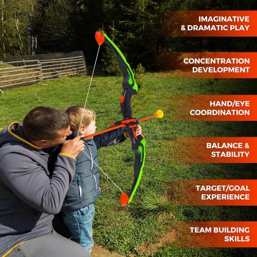 ToyVelt Kids Bow and Arrow Set - Light-Up Archery Set with 6 Suction Arrows, Target and Quiver - Outdoor and Indoor Toy for Boys and Girls Ages 4-12 (Green)