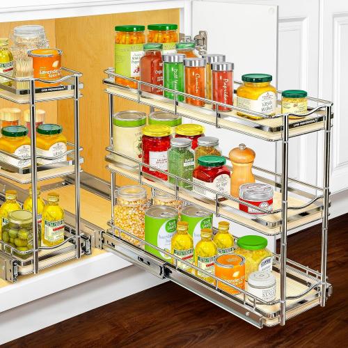 LYNK PROFESSIONAL® Élite™ Pull Out Spice Rack Organizer for Inside Kitchen Cabinets - 6 x 21 - Slide Out Drawer – Wood/Chrome Sliding Spice Organization for cabinet - Spice Racks - 6 Tier