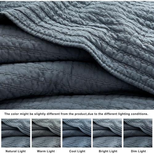 WDCOZY 100% Cotton Queen Size Quilt Set - Blue Striped Pick Stitch Soft Lightweight Bedspread, Textured Like Linen, Farmhouse Country Rustic Coverlet, Shabby Chic Gauze Bedding, 3 Pieces
