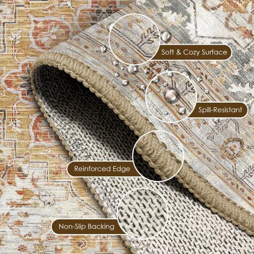 Washable Area Rug 9' x 12' Vintage Traditional Persian Mat - Foldable Distressed Non-Slip Machine Washable Carpet for Living Room Bedroom Kitchen Home Decor - Dove Gray and Coral