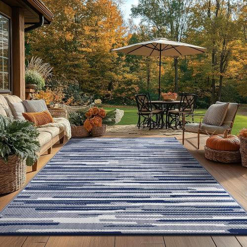 GENIMO Outdoor Rug for Patio Clearance, 5'x8' Waterproof Camping Mat, Reversible Plastic Straw Rugs for RV, Camper, Balcony, Backyard, Picnic, Deck (Blue White)