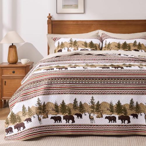 Cabin Twin Quilt Bedding Set, Christmas Lightweight Reversible Rustic Bear Bedspread Coverlet, 2-Piece Lodge Bed Cover Quilt with 1 Pillow Sham for All Season, Brown