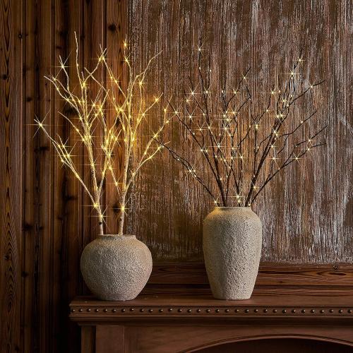 Hairui Lighted Brown Branches Battery Operated with Timer 30IN 100 LED Fairy Lights, Willow Branch Lights for Home Bedroom Fireplace Christmas Holiday Decoration Indoor Outdoor Use (Vase Excluded)