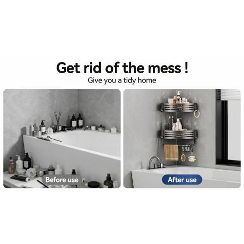 Corner Shower Caddy Suction Cup, Gray (2 Pack) | Rustproof aluminum shelf with towel bar & hooks. No-drill removable wall storage. Strong suction