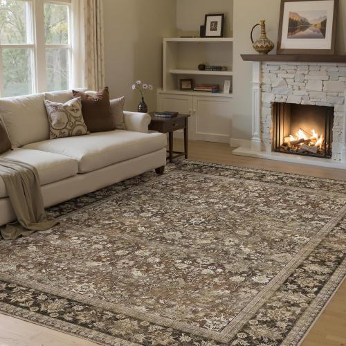 8x10 Machine Washable Rugs Brown Hallway Large Area Rug Indoor Accent Rug Floral Low Pile Carpet Soft Throw Aesthetic Rug Bedroom Living Room Office Dining Room Kitchen Laundry Room