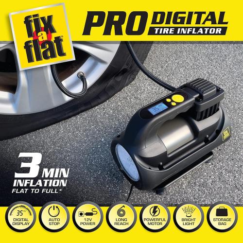 Fix-a-Flat Tire Inflator, Pro Digital, Inflate Right Technology, includes LED light and quick connect hose, 3 min inflation