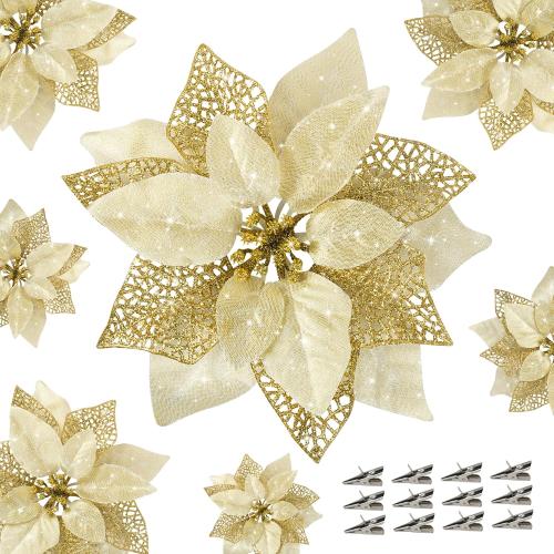 Childom 12 PCS Poinsettia Flower Artificial Poinsettia Christmas Decoration 8.7'' Gold Glitter Poinsettias Christmas Ornaments Xmas Tree Flower Decor with Clips DIY Xmas Wreath Holiday Home Party