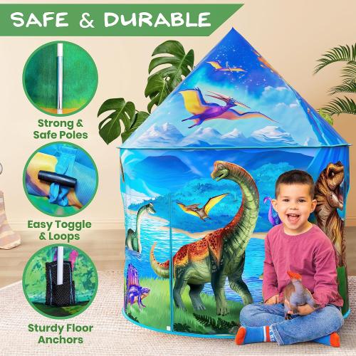 W&O Dino Paradise Play Tent with Roar Button, Dinosaur Toys and LED Lights - Epic Pop Up Tent for Boys & Girls - Perfect for Indoor & Outdoor Adventures