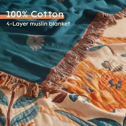 Size 90x98 Color Orange Boho Throw Blanket for Bed 90”x98”, 100% Cotton Woven Blanket for Couch Sofa, Ultra Soft 4-Layer Muslin Quilt with Floral Printed, Farmhouse Bed Blanket/Cover for Living Room Decor