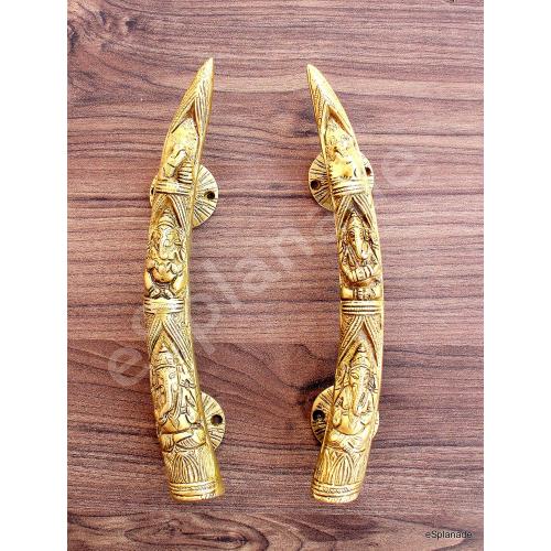 eSplanade - 11 Tusker Style Ganesha Carving Brass Door Handle Pair - Set of 2 | Home Decor | Door Decor | Pair of Brass Door Handles | Pair of Brass Door Pulls