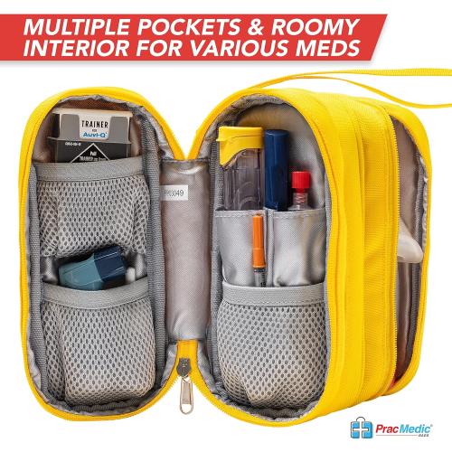 PracMedic Bags Diabetes Travel Case- 2 Tier Epipen Carrying Case for Epi Pens or Epipen Trainer, Auvi Q, Inhaler & Spacer, Diabetic Supplies & First Aid - Insulated Medicine Travel Bag (Yellow)