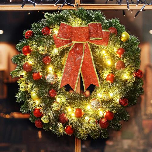 Lulu Home 16 Inch Pre-lit Christmas Wreath with Hook, Battery Operated Christmas Wreath Decorative Christmas Balls Hanging Ornament, Artificial Door Wreath 40 Clear LED Lights