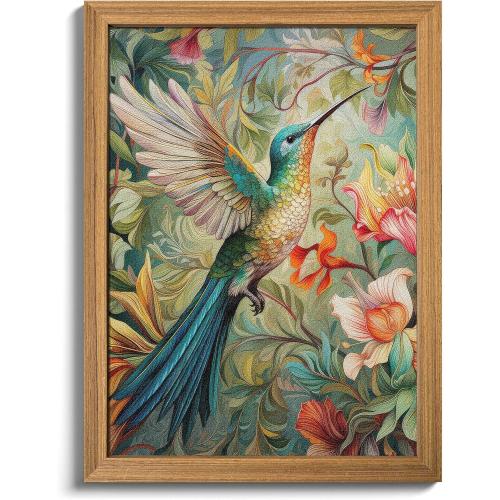 Framed Vintage 3D Textured Wall Art - Colorful Hummingbird Floral Wall Decor - Hand Painted Sandstone Nature Botanical Picture for Living Room Bedroom Home Decor 24x36 inch