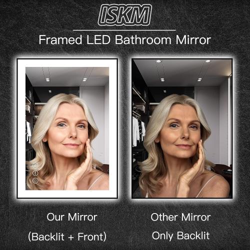 Size 40 x 36 ISKM Framed LED Mirror for Bathroom 40x36, Dimmable LED Bathroom Mirror with Lights, Anti-Fog, Front and Backlit Lighted Mirror 3-Colors, Shatterproof, Memory Function