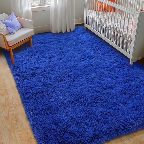 Blue Fluffy Area Rug for Bedroom, 4x5.9 Feet Shag Rugs for Living Room, Kids Rooms Boys Room Nursery, Soft and Comfy, Fuzzy Carpet Teen Dorm Home Decor Aesthetic, Upgrade Non Slip