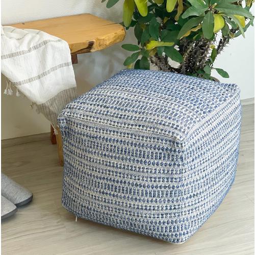 Chardin home UNSTUFFED Ottoman, Cozy & Bohemian Pouf Covers, Hand Crafted Casual Seating, Footrest, Square Floor Pillow for Home, Office, Bedroom, Living Room, 16.5 x 16.5x 12.9, Blue-Off White