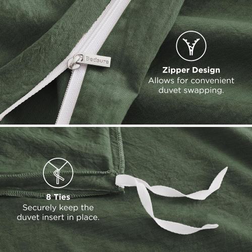 Bedsure 100% Washed Cotton Duvet Cover Queen Size - Olive Green Minimalist Cotton Duvet Cover Linen Like for All Seasons - GentleSoft™ Plain Simple Bedding (Olive Green, Queen, 90x90)