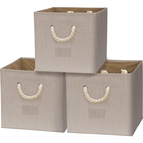 SIMPLE HOUSEWARE 13-Inch Cube Storage Bin With Braided Handles, 3 Pack, Beige