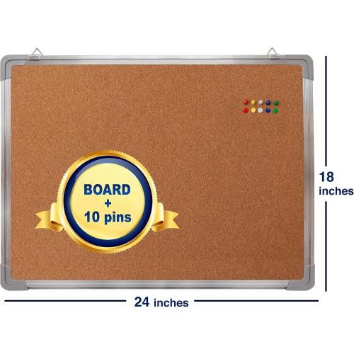 Cork Board Set for Wall - Bulletin Board Corkboard 24 x 18 in with 10 Thumb Tacks - Wall Hanging Pin Board Message Board Tack Board Organizer for Home, Office, Desk and Cubicle (24x18)