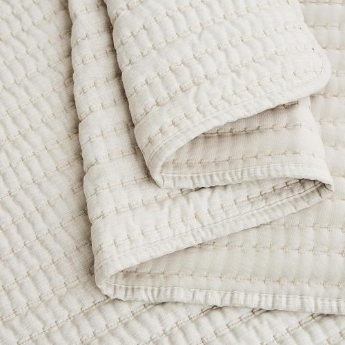 WDCOZY Beige Pick Stitch King Size Quilt Set, Striped Lightweight Soft Summer Spring Bedspread, Bamboo Linen Like Textured Coverlet, Chambray Farmhouse Country Rustic Bedding, Netural Thin Comforter