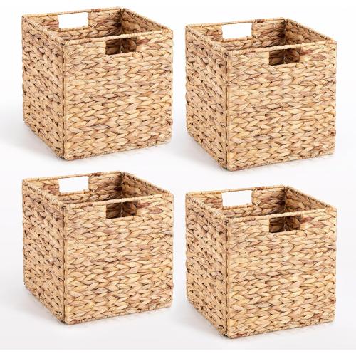 10.5 x 10.5in Wicker Storage Baskets, Cube Foldable Water Hyacinth Storage Baskets for 11 x 11 Cube Shelves Set of 4