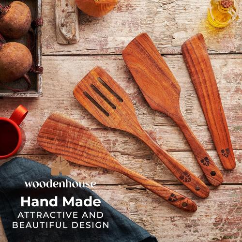 Wooden Spatula for Cooking, Teak Spatulas for Kitchen Use - Wooden Cooking Utensils Set of 4 including Paddle, Turner, Slotted Spurtle and Wood Scraper. Nonstick cookware.