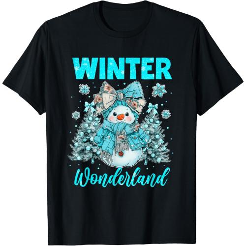 Kids XL Winter Wonderland Cute Coquette Bow Snowman Xmas Girly T-Shirt