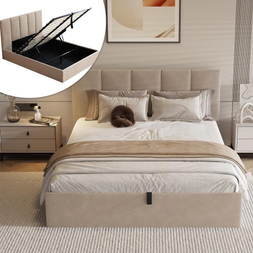 Lift Up Storage Bed Queen Size, Linen Upholstered Platform Bed Frames with Storage Underneath, Soft Modern Bed Frame Strong Hydraulic Lift, No Box Spring Needed, Grey