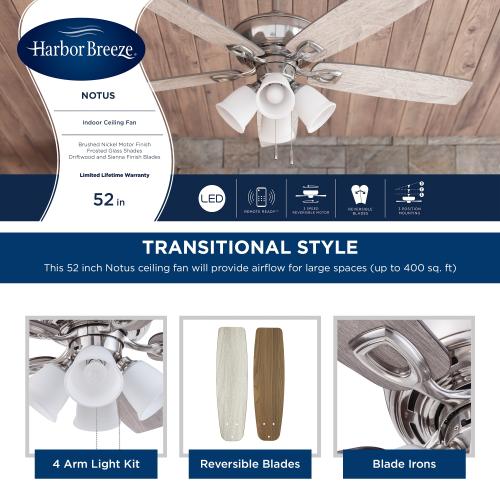Harbor Breeze Notus 52-in Brushed Nickel with Driftwood/Sienna Blades LED Indoor Ceiling Fan with Light (5-Blade)