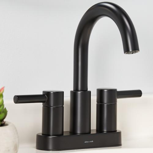 allen   roth Harlow Matte Black 4-in centerset 2-Handle WaterSense Bathroom Sink Faucet with Drain and Deck Plate