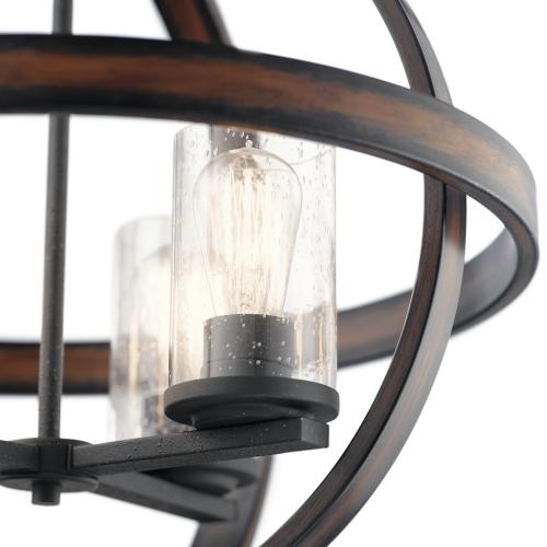 Kichler Barrington 4-Light Distressed Black and Wood Tone Rustic Seeded Glass Globe Medium Hanging Pendant Light