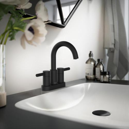 allen   roth Harlow Matte Black 4-in centerset 2-Handle WaterSense Bathroom Sink Faucet with Drain and Deck Plate