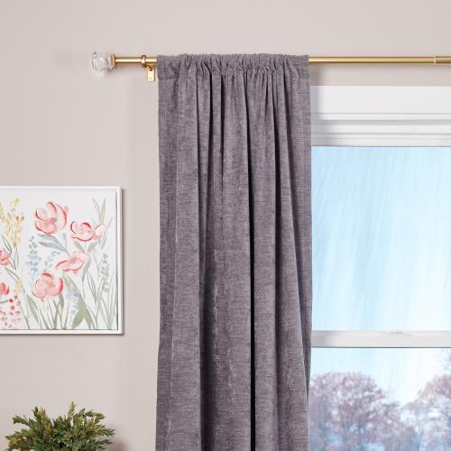 allen   roth Bexley 72-in to 144-in Brushed Gold Steel Single Curtain Rod with Finials. (Little damage; see the pictures)